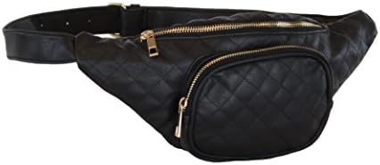 Black Quilted Multi Pocket Fanny Pack, Faux Leather Waist Pack w/ Buckle