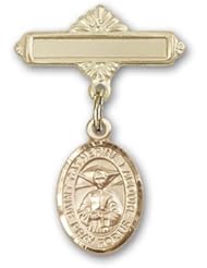 14kt Gold Baby Badge with St. Catherine Laboure Charm and Polished Badge Pin