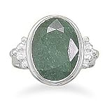 Large Oval Emerald Silver Ring with Bead Design Band