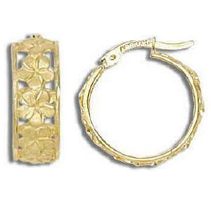 14k Yellow Gold Hawaiian Plumeria Flower Hoop Earrings