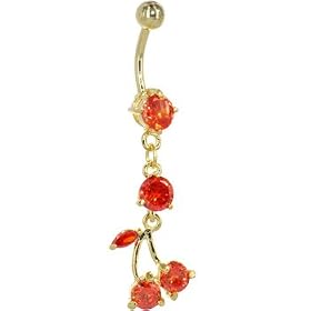 Gold Red Orange Cubic Zirconia CHERRY DROP Belly Ring by 