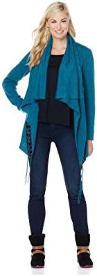 Twiggy London Women's Plus Size Draped, Open Cardigan Sweater~Faux Leather Detail (1X Plus, Peacock)