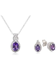 Sterling Silver Gemstone and Diamond Pendant Necklace, Earrings Oval Box Set
