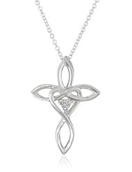 Womens Sterling Silver Diamond Cross Pendant Necklace with Heart (0.03 cttw, I-J Color, I2 Clarity)
