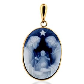 14K Yellow Gold Nativity Oval Agate Cameo Pendant by Netaya