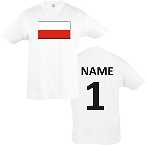 ShirtInStyle Kinder-Shirt Polen Poland Ländershirt mit Wunschnamen und Nummer diverse Farben, Farbe weiss, Größe 140