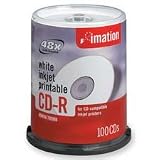Imation Products - CD-R - Inkjet Printable Surface - 700MB 80MIN - 52X - 100 Spindle - WE - Sold as 1 PK - Inkjet printable CD-Rs offer up to 52X write speed and a memory capacity of 700MB 80 minutes Print directly onto thermal printable disks using a CD DVD printer The write-once format stores information permanently - and the disks offer great performance with low failure rates An easy way to personalize CDs for small or large duplication projects For use with CD DVD printers or duplication serv