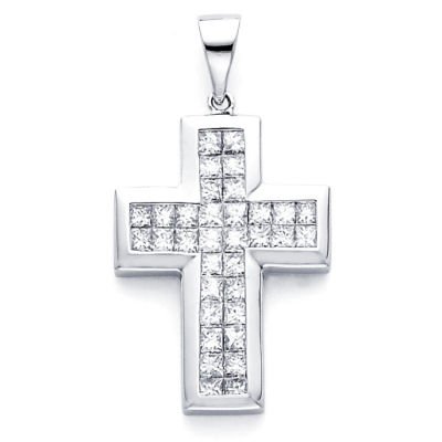 White Gold Channel Set Princess Cut Diamond Cross Pendant 14 k
