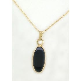 14K Yellow Gold Long Oval Black Onyx Pendant on 18" Rope Chain by 