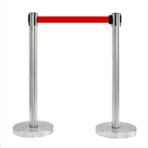 VIP Crowd Control 1119-10 14 in. Flat Base Satin Stainless Post & Cover Retractable Belt Stanchion - 10 ft. Red Belt, Pack of 2