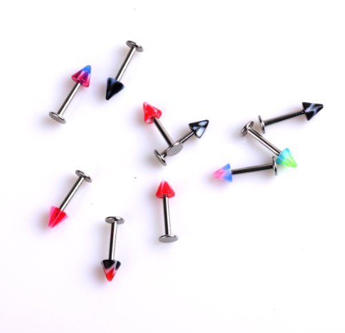 Adored 10 pcs 16/18 Gage Mixed Color Metal Plated Stainless Steel Triangle Cap Stud Ear Lip Nose Eyebrow Tongue Ring Body Piercing