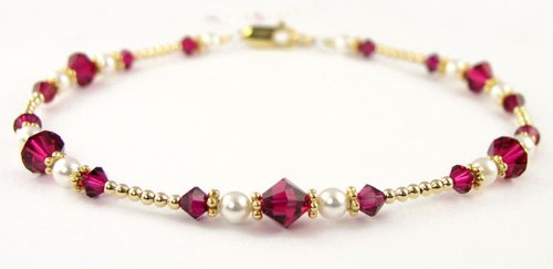 Ruby July Beaded Anklets: Swarovski Crystal Birthstone Jewelry. Adjustable 14K Gold Filled Ankle Bracelets