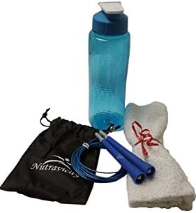 Nutravicity Exercise Bundle of Four Items; One Speed Adjustable Cross Training Jump Rope; One Carrying Case; One Cotton Sports Towel Plus One Sports Water Bottle