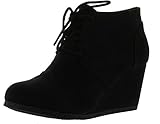 REX Designer toms Inspired Stitch Detail Lace Up Ankle Bootie Wedge, Black Suede PU, 9