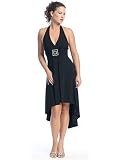 Asymmetrical Halter Party Dress with Rhinestone Detail at Waist Available in Black, Red or Turquoise