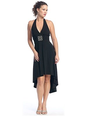 Asymmetrical Halter Party Dress with Rhinestone Detail at Waist Available in Black, Red or Turquoise