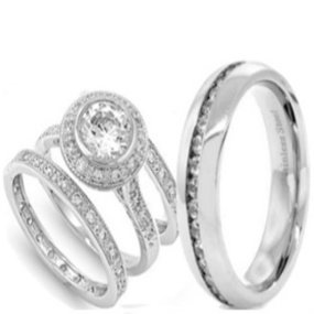 4 Pieces Men\'s Women\'s, His & Hers, 925 Sterling Silver Rhodium Plated Engagement Bezel 3 Rings, & Stainless Steel Wedding Band Set, AVAILABLE SIZES men\'s 8,9,10,11,12; women\'s set: 5,6,8,9,10.