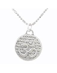 Small Round Reversible Om (Aum) Pendant with Words of Inspiration in Sterling Silver on a 16" Rhodium 3 Bead 1 Bar Chain, #7971