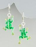 BeautifulGreen Enamel Froggy Frogs Charm Hook Earrings Silver Tone