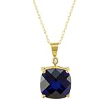 10k Yellow Gold Cushion Cut Created Sapphire and Diamond Pendant, 18