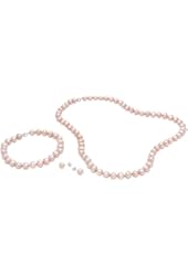 Sterling Silver 6.5-7mm Genuine Cultured Freshwater Pink Pearl Neklace 18", Bracelet 7" and Earring Set
