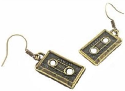 Funky Retro Cassette Tape Charm Earrings in Antique Gold Toned Overlay