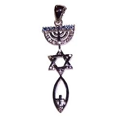 Messianic Seal with blue CZ stones- Style XIV - Sterling Silver (4.4 cm or 1.73" w/o loop ) - Comes with Silver box chain