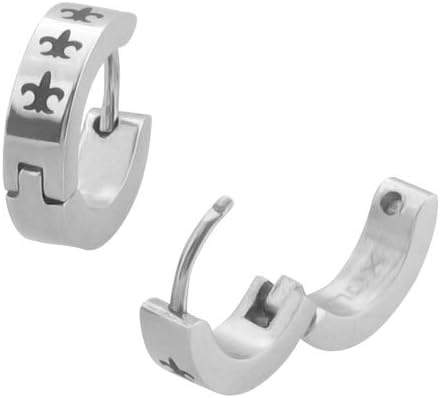 Stainless Steel Black Fleur De Lis Huggies Earring