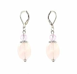 Earrings - E344 - Genuine Rose Quartz Gemstone and Fire Polished Glass Beads ~ Oval