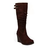 Micro Suede Wedge Heel Slouch Knee High Boot Brown