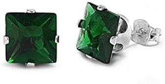 Sterling Silver Emerald 3mm Square Cubic Zirconia CZ Stud Earrings