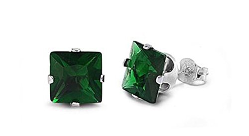 Sterling Silver Emerald 3mm Square Cubic Zirconia CZ Stud Earrings
