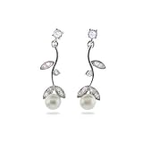 Eve's Addiction Sterling Silver CZ Vine Earrings with Freshwater Pearls