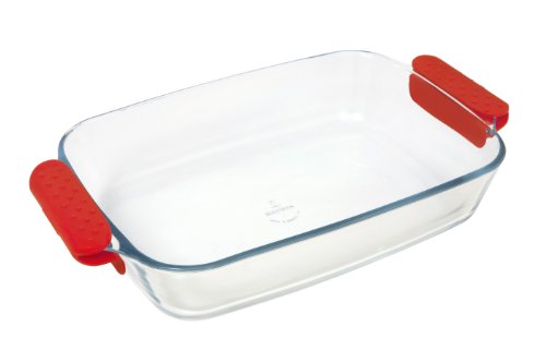 Marinex Prediletta Medium Rectangular Glass Roaster with Red Silicone Handles, 2.8-Quart