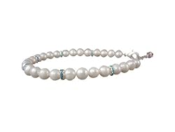 Single Strand Pearl Necklace w Blue Rhinestone Rings - 8 in.