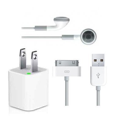 Apple iPod Bundle: Original USB Power Adapter Wall Charger + Original Earphones Headphones + Original USB Cable Adapter Compatible with any iPod/iphone
