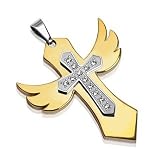 New Men's Polished Stainless Steel Gold plated Angelic Multi-Gem Cross Pendant & Chain - Length 50cms