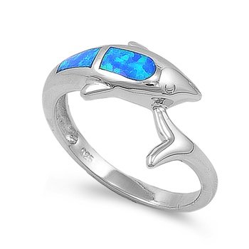 Sterling Silver Ring in Lab Opal - Blue Opal - Ring Face Height: 8mm, Size 6 - 9