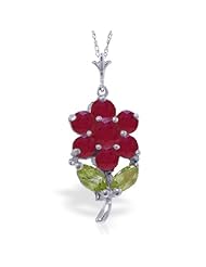14K Gold Natural Ruby and Peridot Flower Pendant Necklace