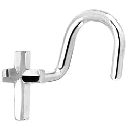 Solid 14KT White Gold Raised Cross Nose Screw Ring