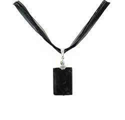 Necklace - N56 - Genuine Semi Precious Stone Hung on Five-Strand Organza and Cotton Cord + 2" Extension Chain - Rectangular Shape ~ Black Agate