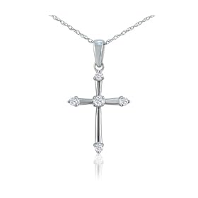 10k White Gold Diamond Cross Pendant (.06 cttw, J Color, I3 Clarity), 18"