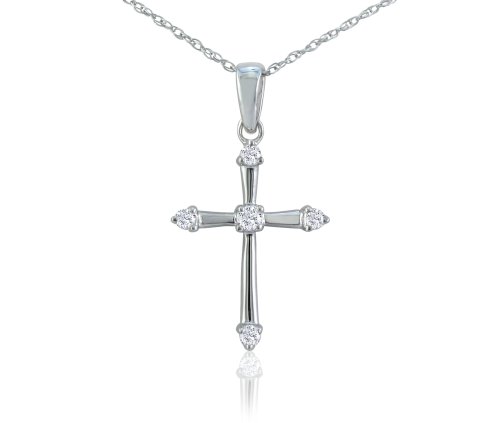 10k White Gold Diamond Cross Pendant (.06 cttw, J Color, I3 Clarity), 18