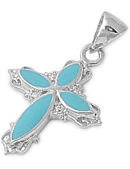 Sterling Silver Turquoise Clear CZ Cross Pendant Fashion Charm Pure 925 New 12mm with 2mm Rope Chain