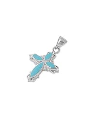 Sterling Silver Turquoise Clear CZ Cross Pendant Fashion Charm Pure 925 New 12mm with 1.3mm Curb Chain