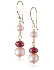 14k Yellow Gold Natural Pink Freshwater Cultured Pearls with Garnet Accent Earwire Drop Earrings