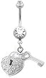 Stainless Steel Belly Ring with Clear Crystals - Dangling Heart Shaped Lock and Key