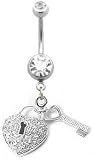 Stainless Steel Belly Ring with Clear Crystals - Dangling Heart Shaped Lock and Key