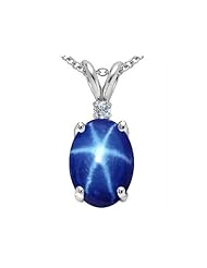 Tommaso Design (tm) Oval Created Star Sapphire and Genuine Diamond Pendant in 14 kt White Gold