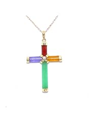 14K Yellow Gold Multicolored Jade Cross Pendant